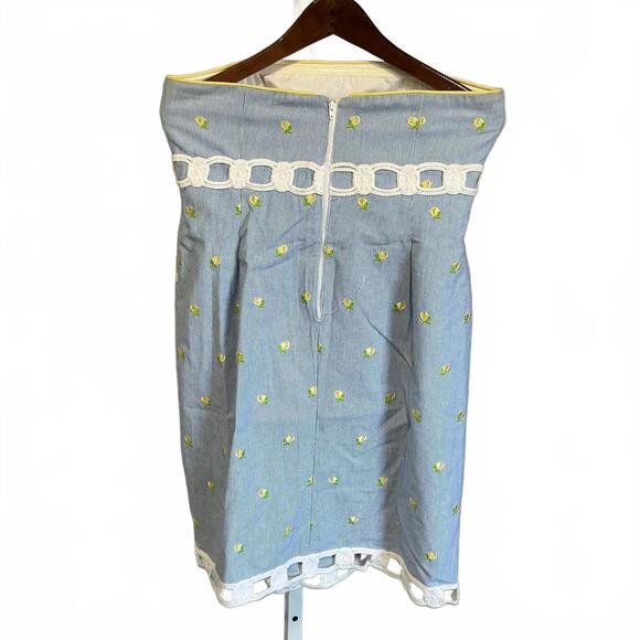 Lilly Pulitzer Strapless Blue Dress Yellow Floral Embroidery White Crochet Trim - Picture 5 of 9